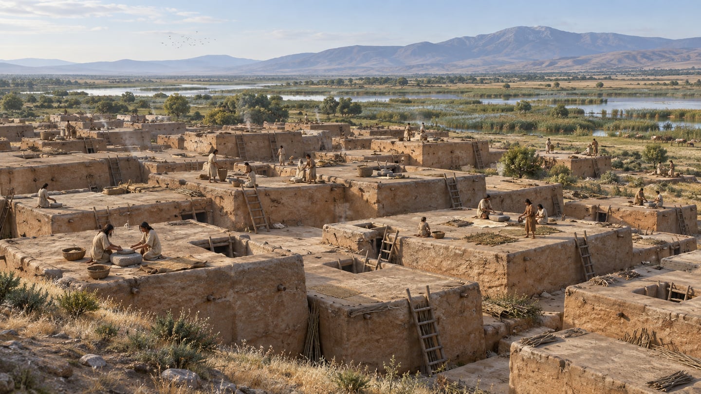 AI illustration of closely packed mud-brick houses inspired by Neolithic Çatalhöyük.
