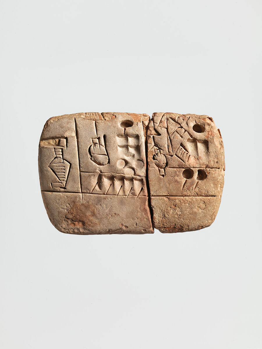 Early clay tablet with signs recording an account concerning malt and barley groats.
