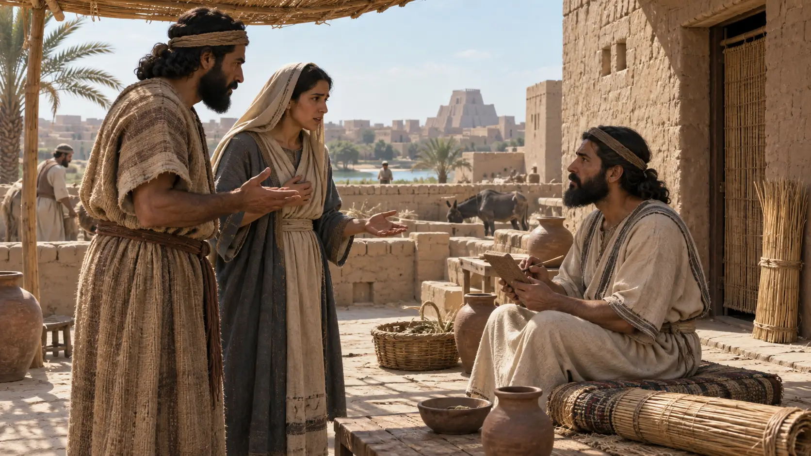 AI illustration of two townspeople speaking to a seated scribe holding a clay tablet in a mud-brick courtyard.