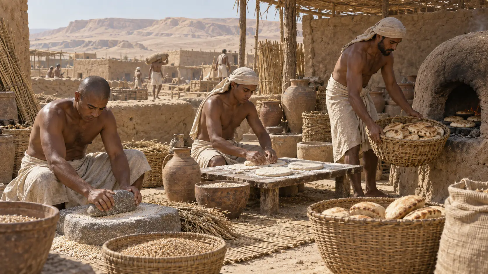 AI illustration of Egyptian workers grinding grain and preparing bread beside mud-brick buildings.