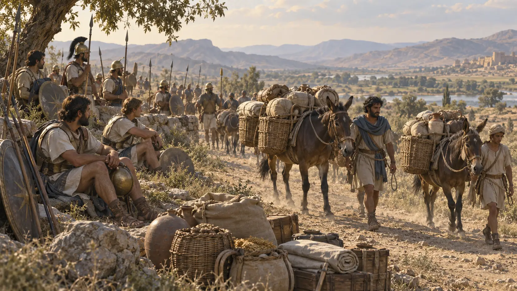 AI illustration of Macedonian soldiers resting while attendants lead pack animals carrying supplies.
