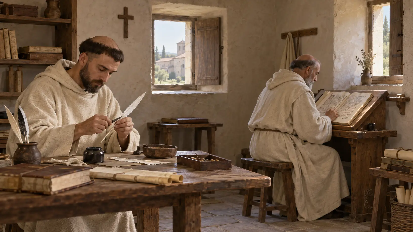 AI illustration of two monastic scribes working with quills and parchment books in a sunlit room.
