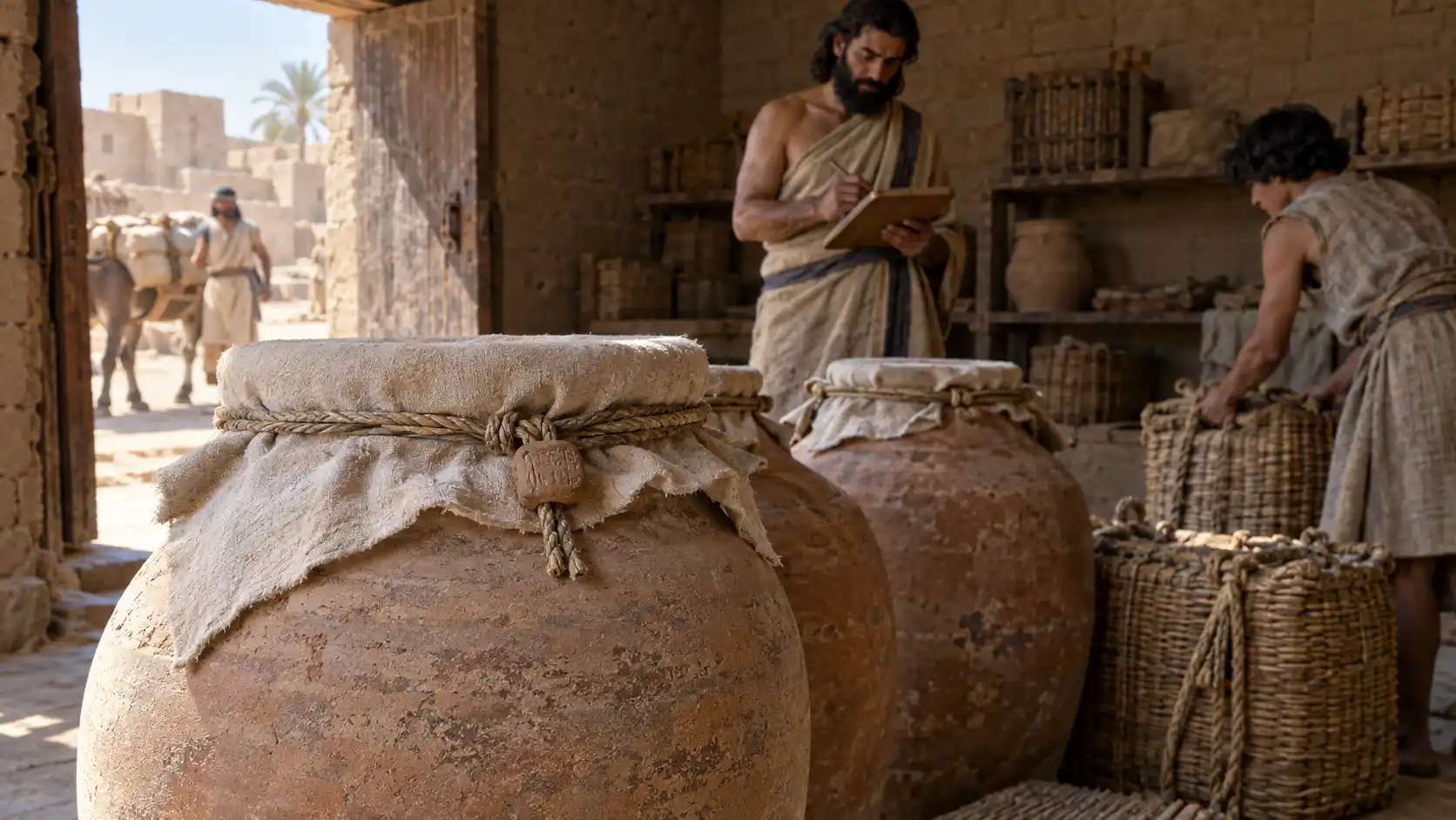 Covered pottery jars with cord and clay closures in an imagined storeroom.