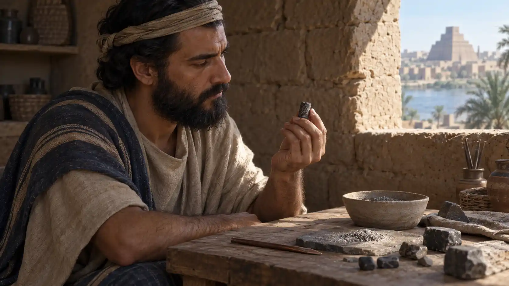 An artisan examining a small cylinder beside tools and stones at a workbench.