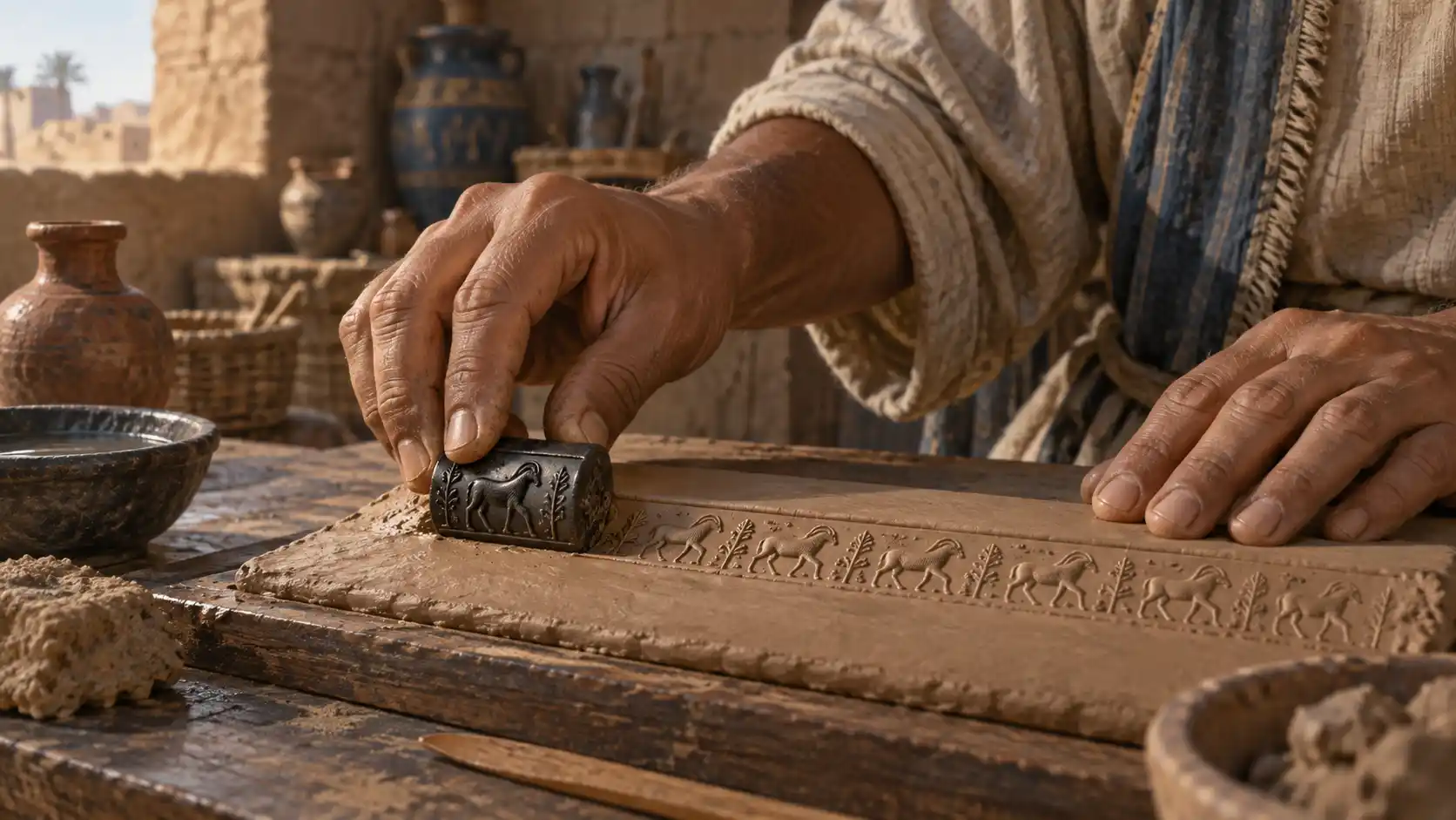 Hands rolling a small cylinder seal across a strip of clay on a work surface.