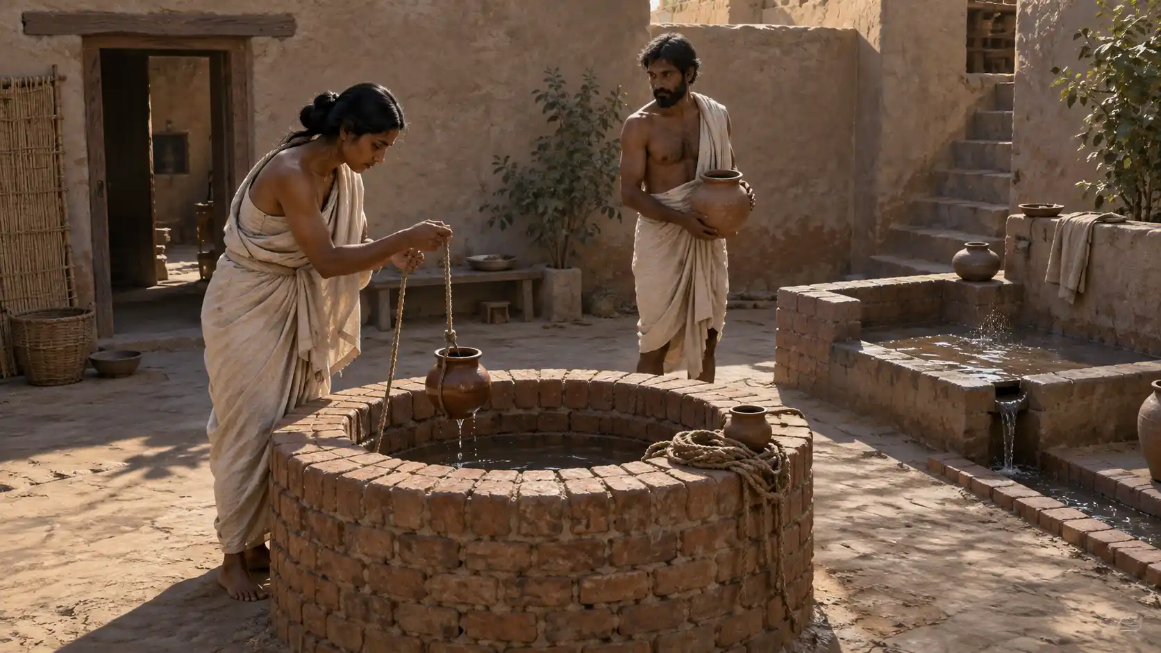 A woman drawing water from a circular brick well in an imagined courtyard.
