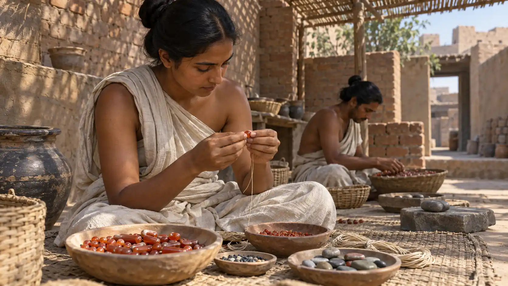 Artisans examining beads at a low work surface beneath a shaded shelter.