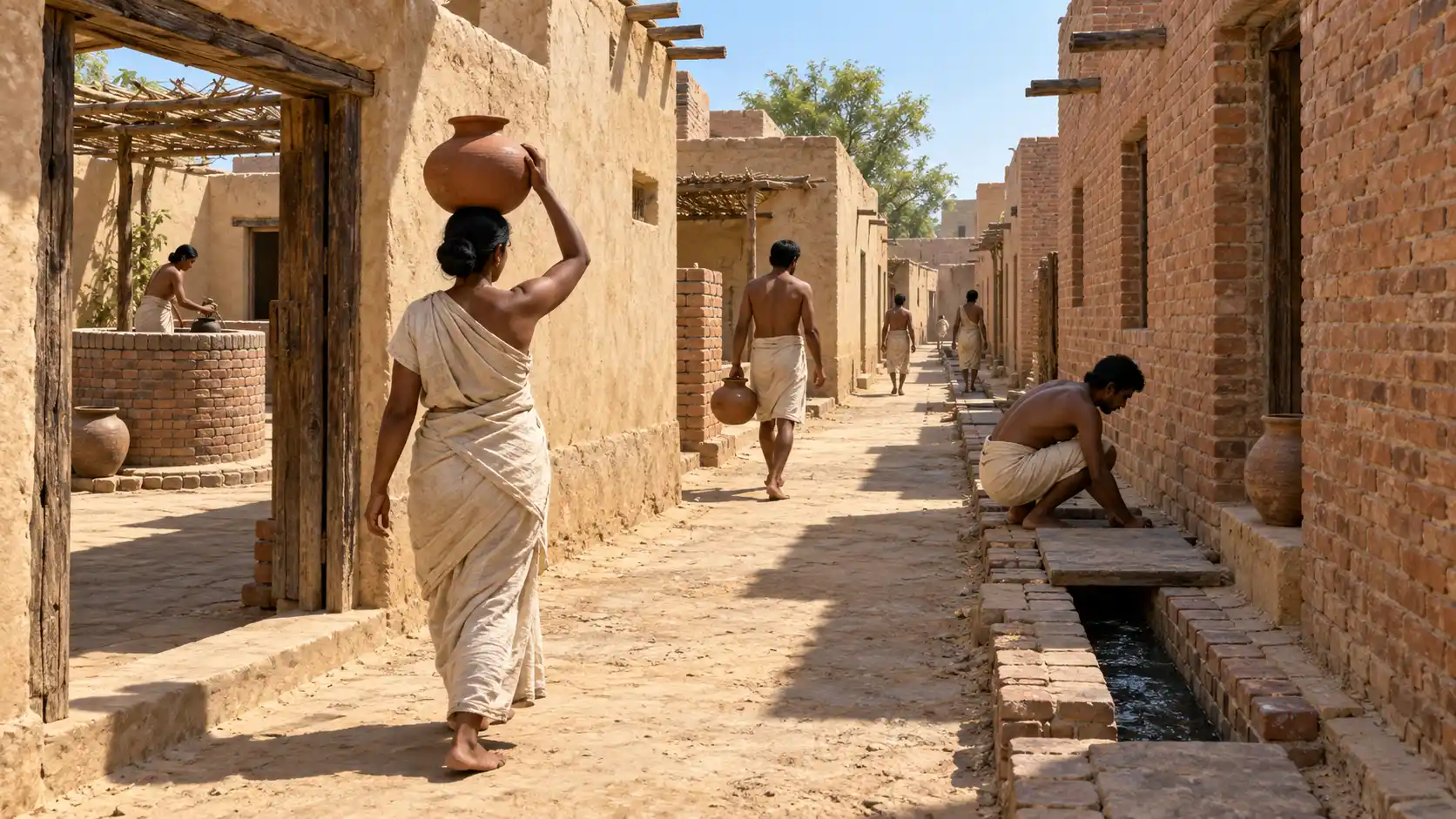 People in a brick-built street with an exposed drainage channel along one side.
