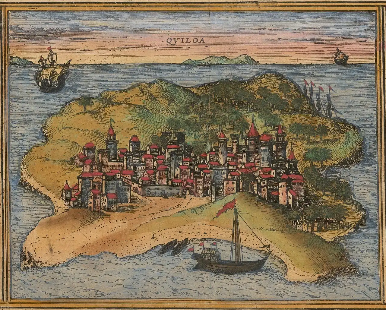 A coloured sixteenth-century European engraving labelled Quiloa, showing a walled island city and sailing ships.